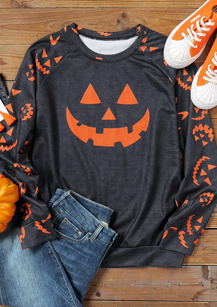 Halloween Pumpkin Face Long Sleeve Sweatshirt - Dark Grey