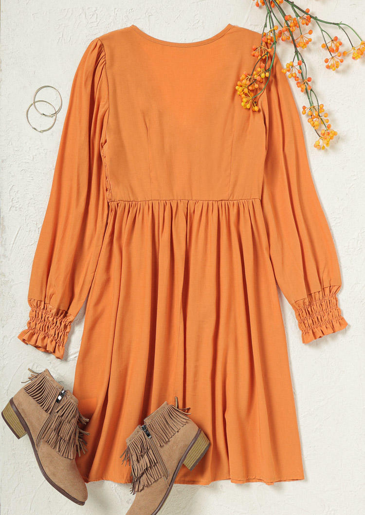 Mini Dresses Smocked V-Neck Long Sleeve Mini Dress in Orange. Size: L,M,S,XL