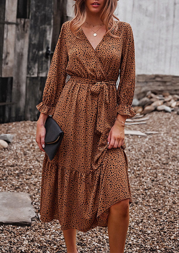 

Midi Dresses Dot Tie Ruffled Wrap Long Sleeve Midi Dress in Brown. Size