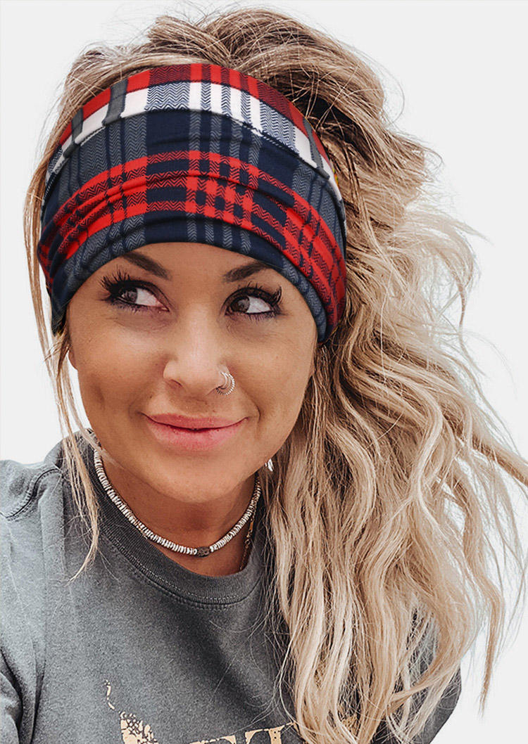 Bohemian Plaid Elastic Sports Wide Headband in Red. Size: One Size