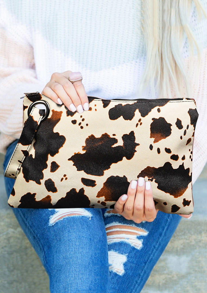 Handbag Leopard Cow Zipper Envelope Handbag in Brown,Beige. Size: One Size