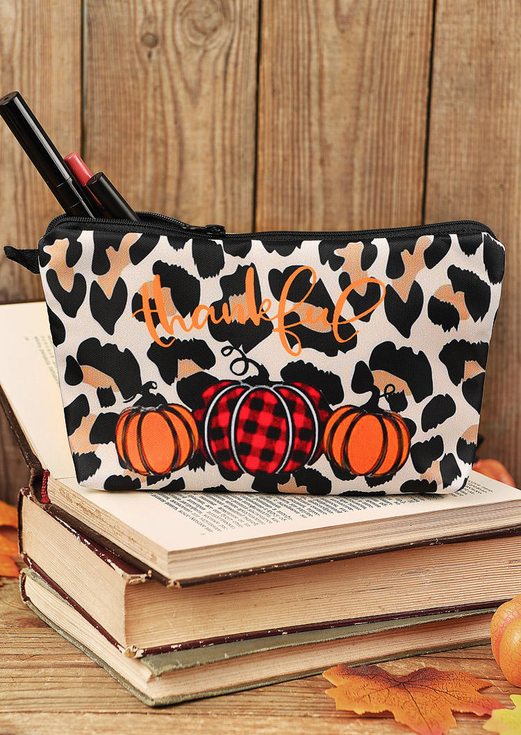 

Cosmetic Bag Thankful Leopard Pumpkin Storage Bag in Multicolor. Size