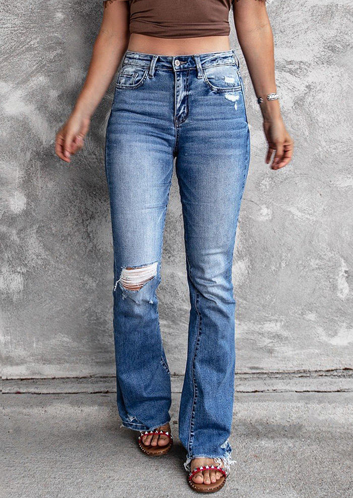 

Pants Ripped Frayed Button High Waist Denim Pants in Black. Size