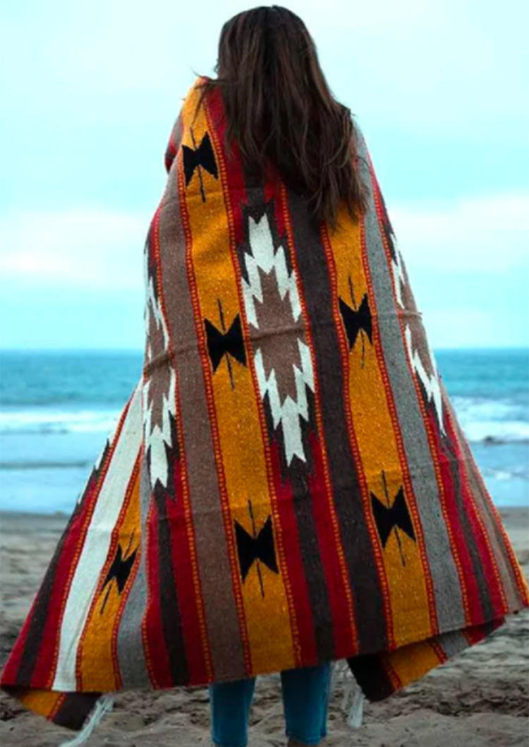 

Blanket Striped Geometric Tassel Mexico Blanket in Yellow. Size