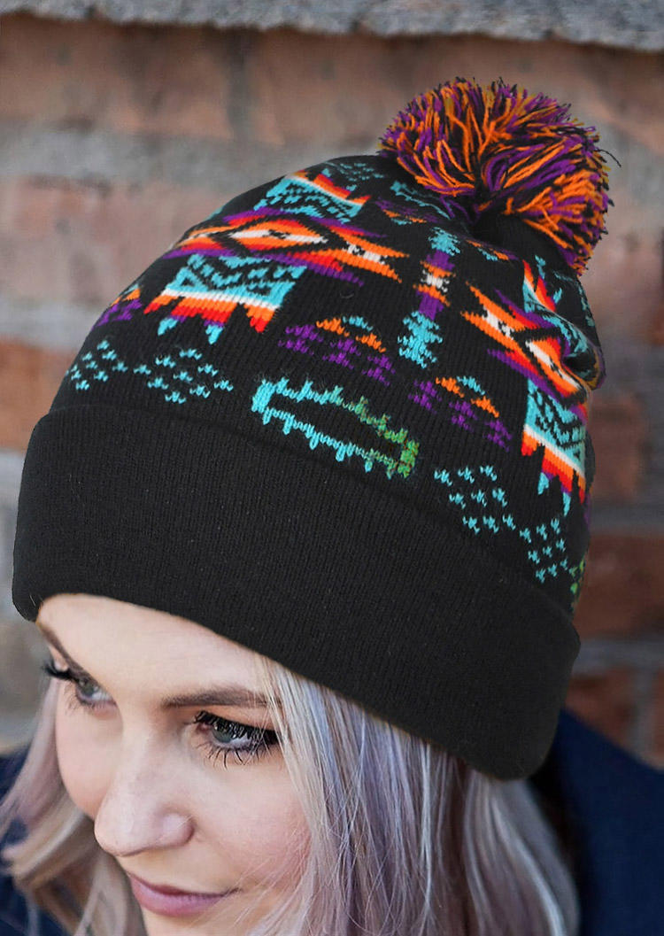 

Hats Aztec Geometric Hairball Bonnet Beanie Hat in Black. Size