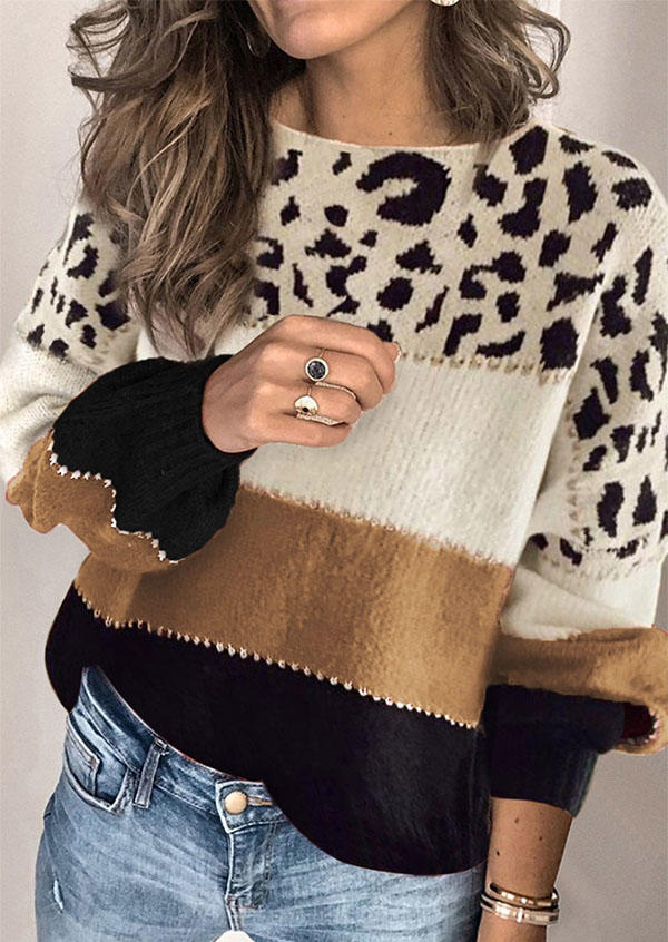 

Sweaters Leopard Color Block Long Sleeve Sweater in Multicolor. Size