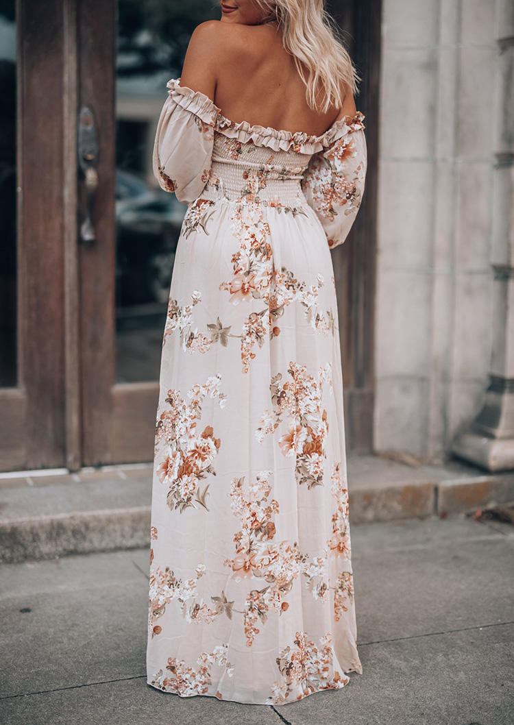 

Maxi Dresses Floral Off Shoulder Smocked Maxi Dress in Apricot. Size: ,M,L,XL