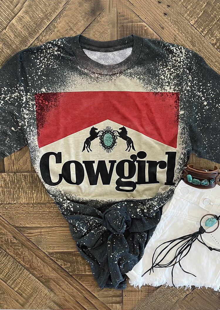 

T-shirts Tees Cowgirl Horse Turquoise Bleached T-Shirt Tee in Dark Grey. Size