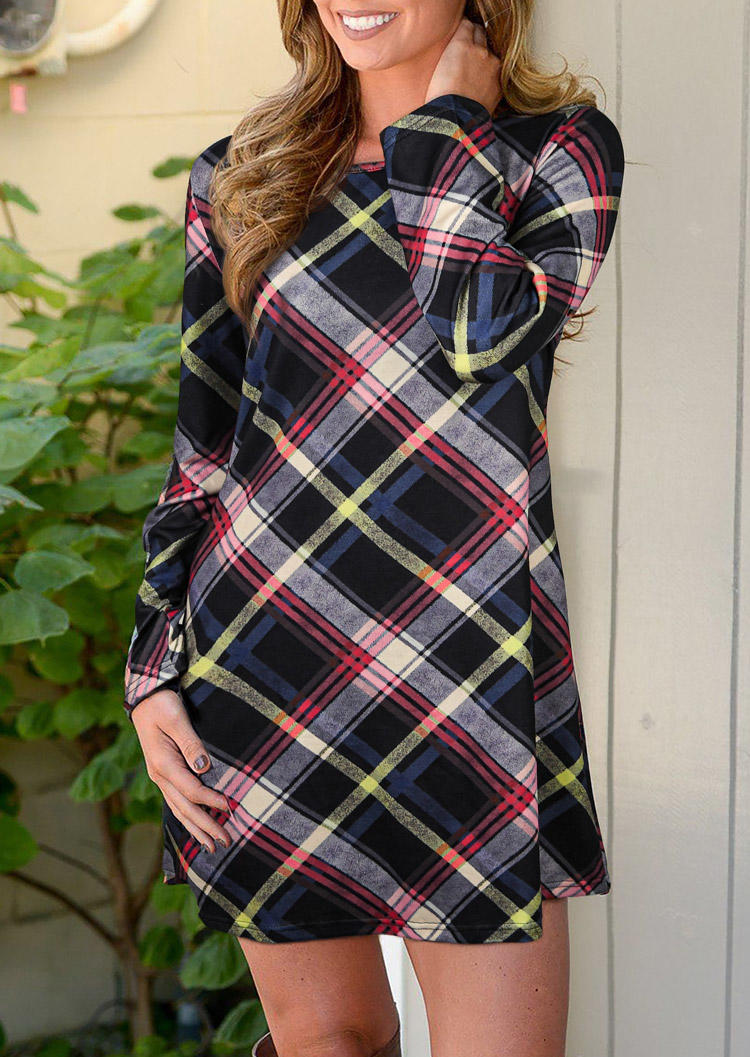 

Mini Dresses Plaid O-Neck Long Sleeve Mini Dress in Multicolor. Size: ,M,L,XL