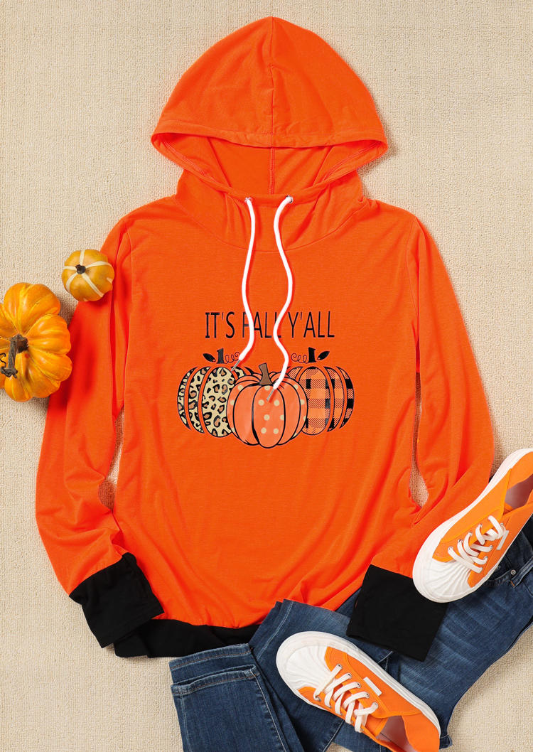 

Hoodies It's Fall Y'all Pumpkin Plaid Leopard Hoodie in Orange. Size: L,M,S
