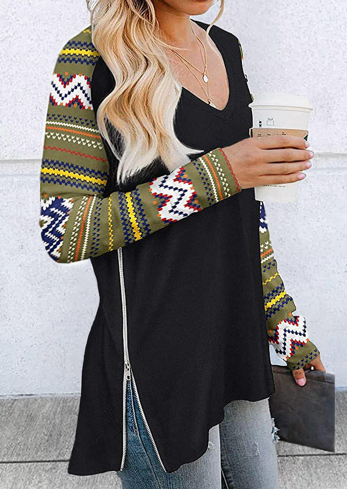 

Blouses Aztec Geometric Zipper V-Neck Long Sleeve Blouse in Black. Size