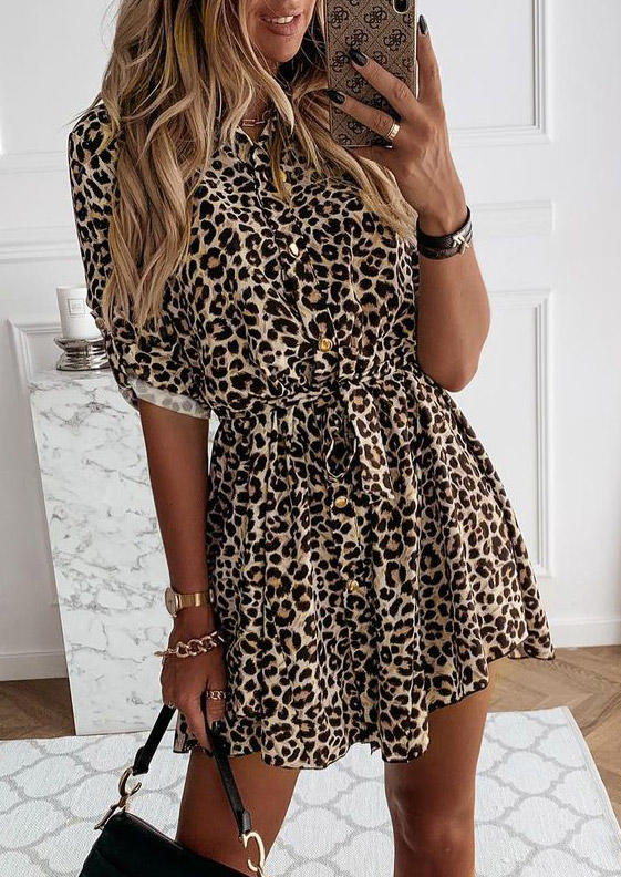 

Mini Dresses Leopard Button Turn-down Collar Mini Dress in Leopard. Size