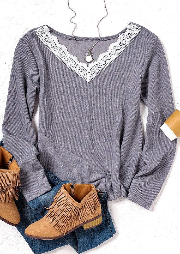 Lace Splicing Twist V-Neck Long Sleeve Blouse - Gray