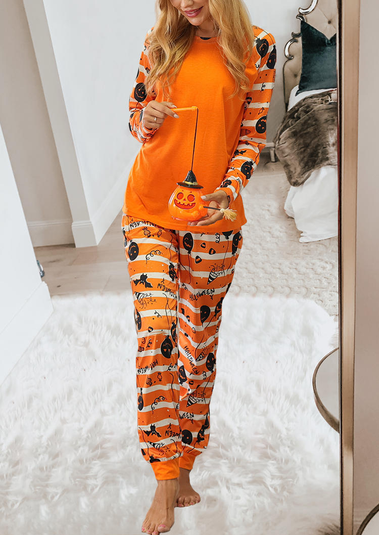 Sleepwear Halloween Pumpkin Face Blouse And Pants Pajamas Set in Orange. Size: S