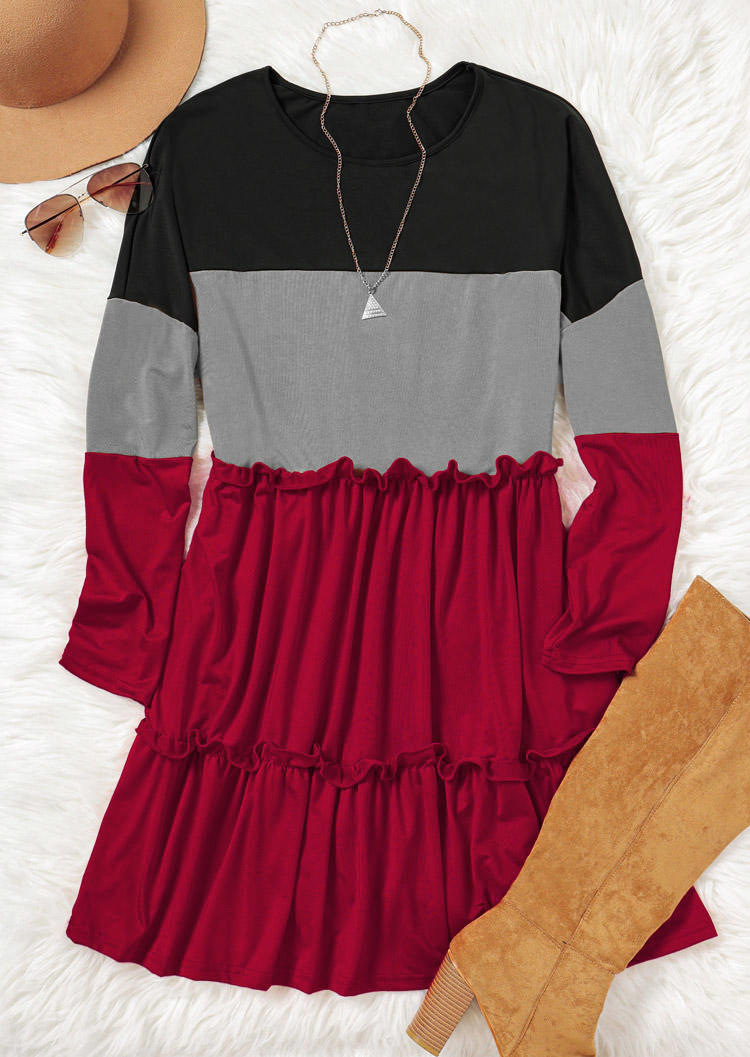 Mini Dresses Color Block Ruffled Splicing Mini Dress in Multicolor. Size: L,M,S,XL