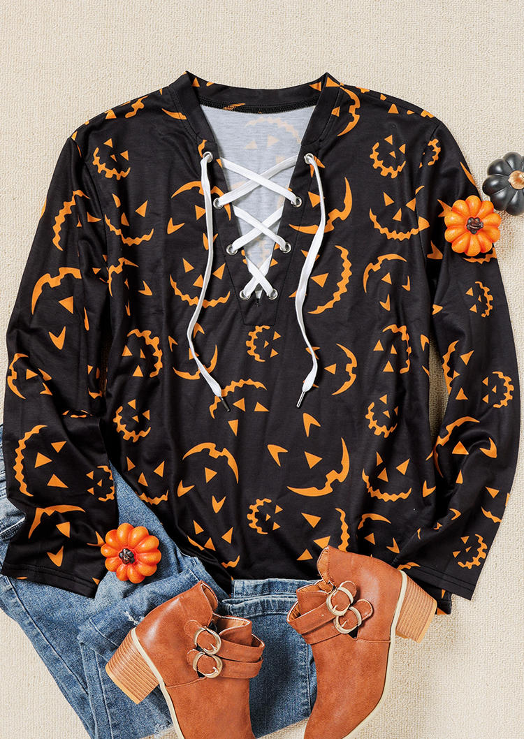 

Sweatshirts Halloween Pumpkin Face Lace Up Sweatshirt in Dark Grey. Size