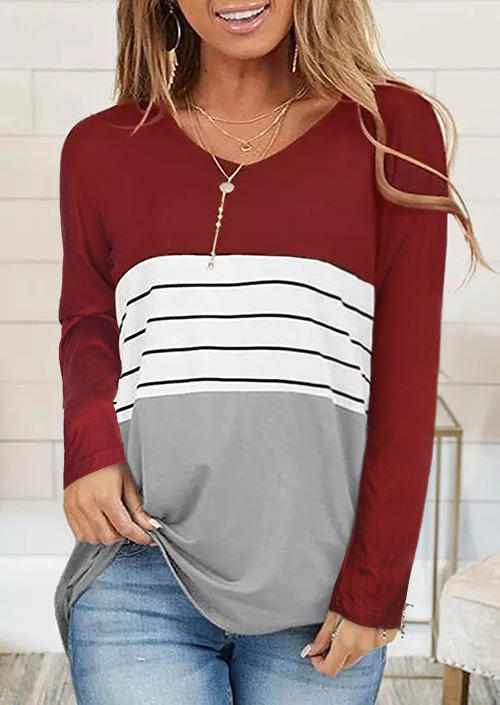 

Blouses Color Block Striped Long Sleeve Blouse in Burgundy. Size