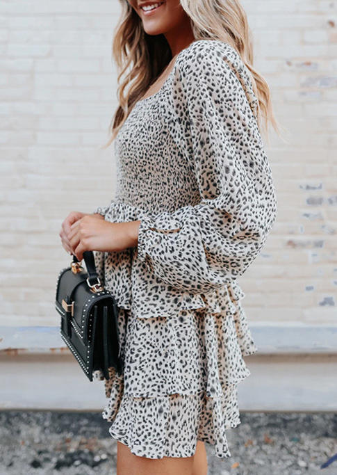 Leopard Open Back Layered Long Sleeve Mini Dress