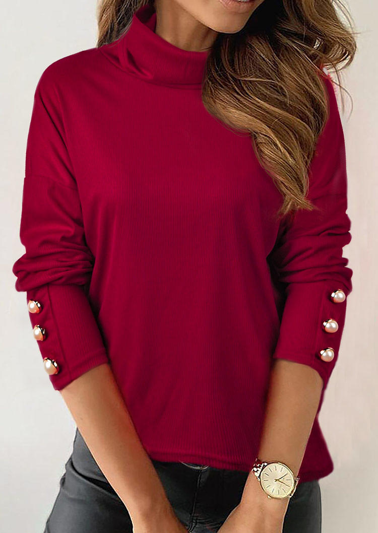 

Blouses Button Knitted Turtleneck Long Sleeve Blouse in Burgundy. Size