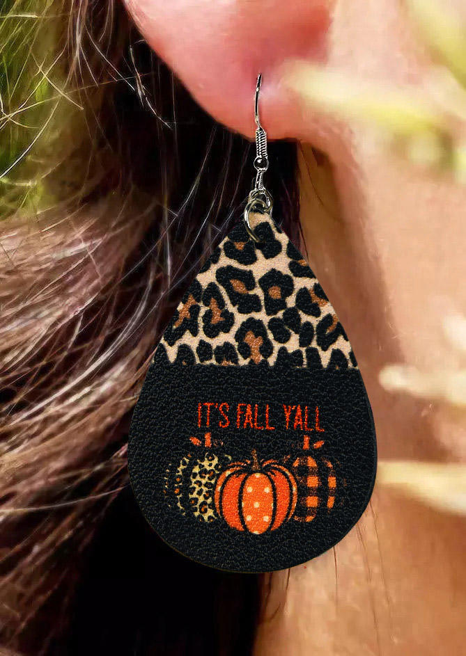 Thanksgiving It's Fall Y'all Leopard Pumpkin Water Drop Earrings