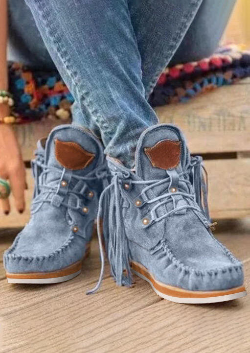 

Boots Tassel Lace Up Ankle Flat Boots in Sky Blue. Size