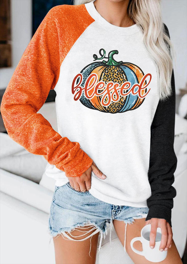 Sweatshirts Blessed Leopard Pumpkin Color Block Sweatshirt in Multicolor. Size: L,M,S
