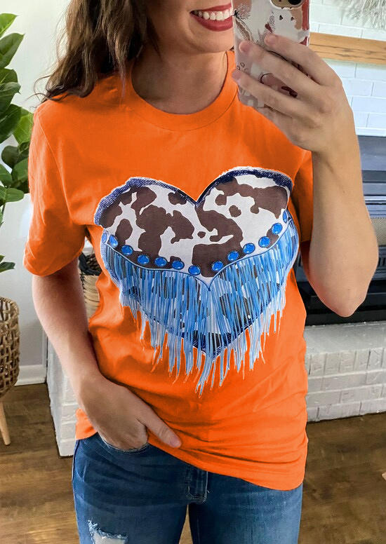 Turquoise Cow Heart T-Shirt Tee - Orange