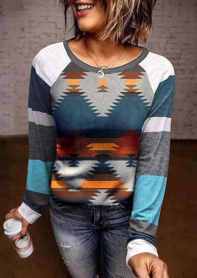 

Blouses Aztec Geometric Color Block Raglan Sleeve Blouse in Multicolor. Size