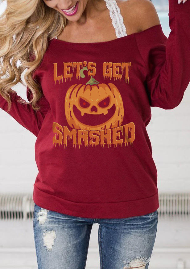 Sweatshirts Let's Get Smashed Pumpkin Face Sweatshirt - Burgundy in Red. Size: L,M,S