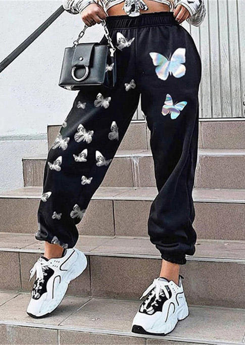 

Pants Butterfly Elastic Waist Sweatpants in Black. Size: ,M,L,XL