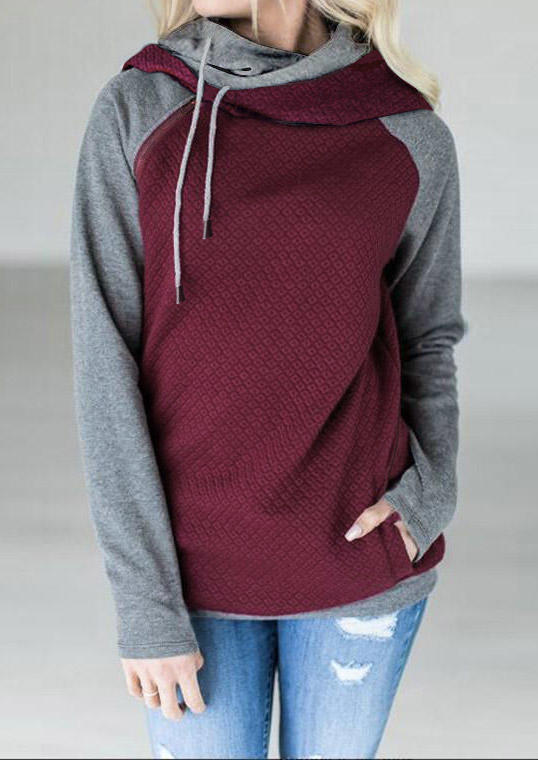 

Hoodies Color Block Zipper Long Sleeve Hoodie in Burgundy. Size