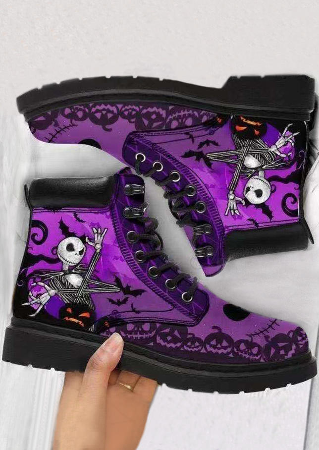 

Boots Halloween Pumpkin Face Skeleton Boots in Purple. Size