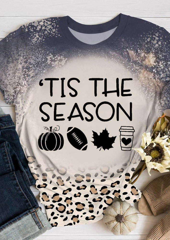 The Season Pumpkin Football Leopard T-Shirt Tee - Navy Blue