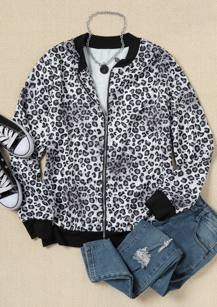 

Jackets Leopard Zipper Long Sleeve Jacket in Multicolor. Size