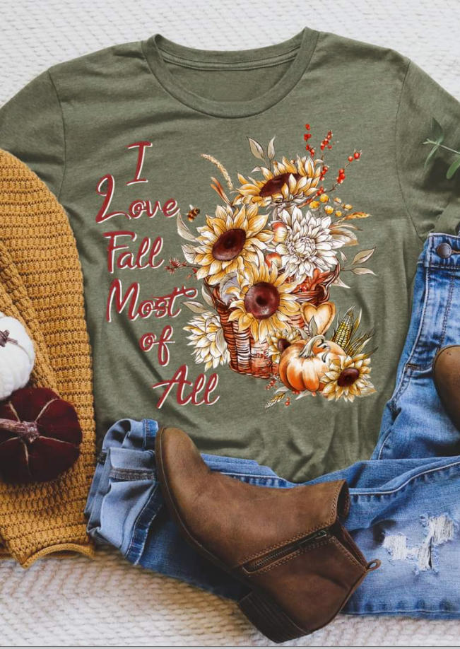 

T-shirts Tees I Love Fall Most Of All Sunflower Pumpkin T-Shirt Tee in Army Green. Size: ,M