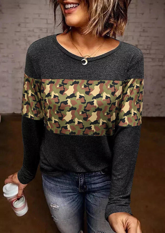 

Blouses Camouflage Splicing Long Sleeve Blouse in Dark Grey. Size