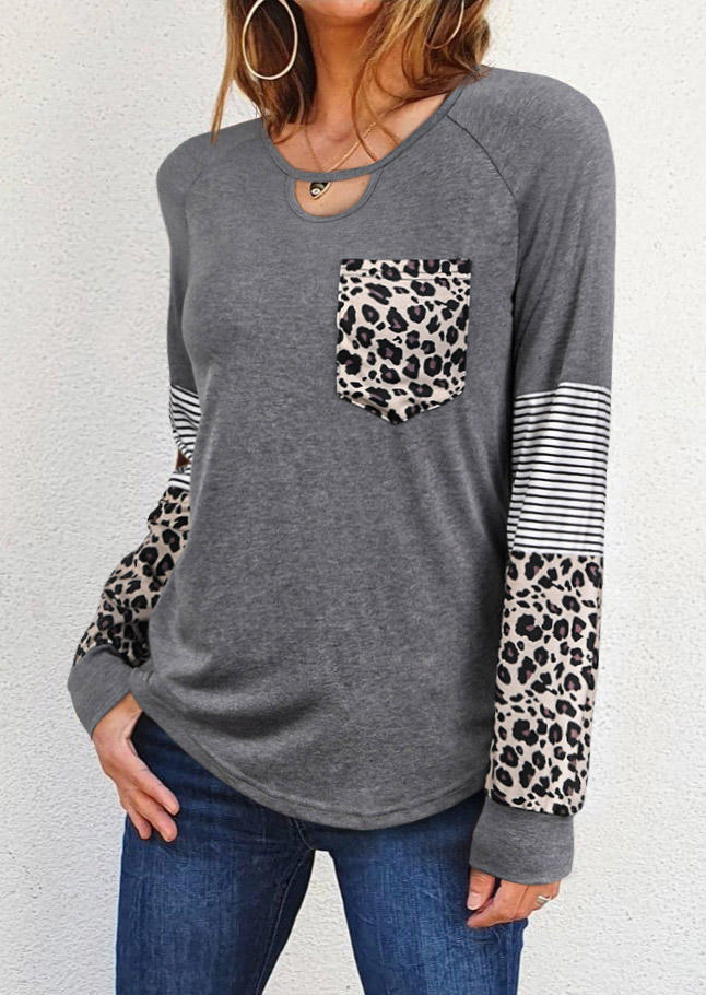 

Blouses Hollow Out Leopard Striped Splicing Pocket Blouse in Gray. Size: ,M,L,XL