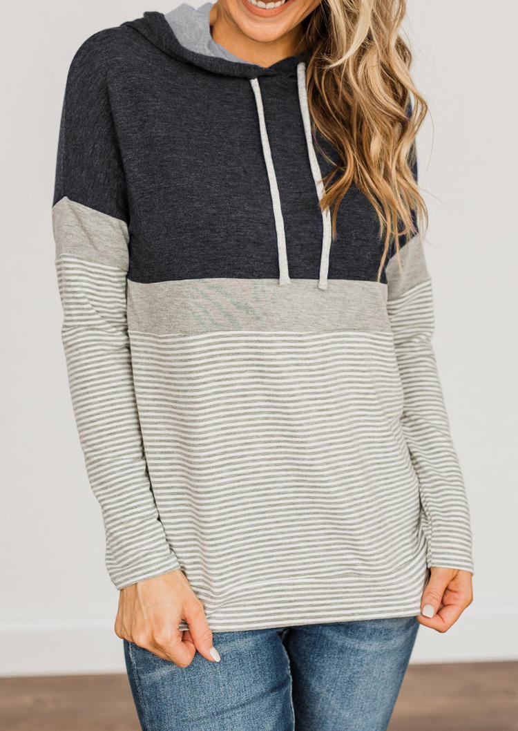 Striped Splicing Long Sleeve Hooded Blouse