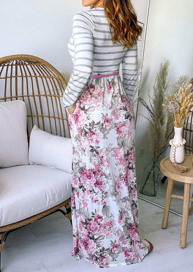 Maxi Dresses Striped Floral Pocket Maxi Dress in Multicolor. Size: L,M,S