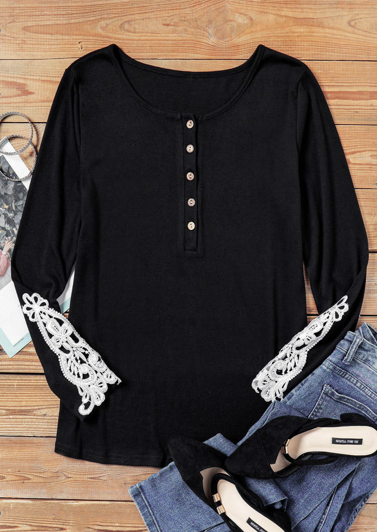 

Blouses Lace Splicing Button Long Sleeve Blouse in Black. Size: ,L,XL