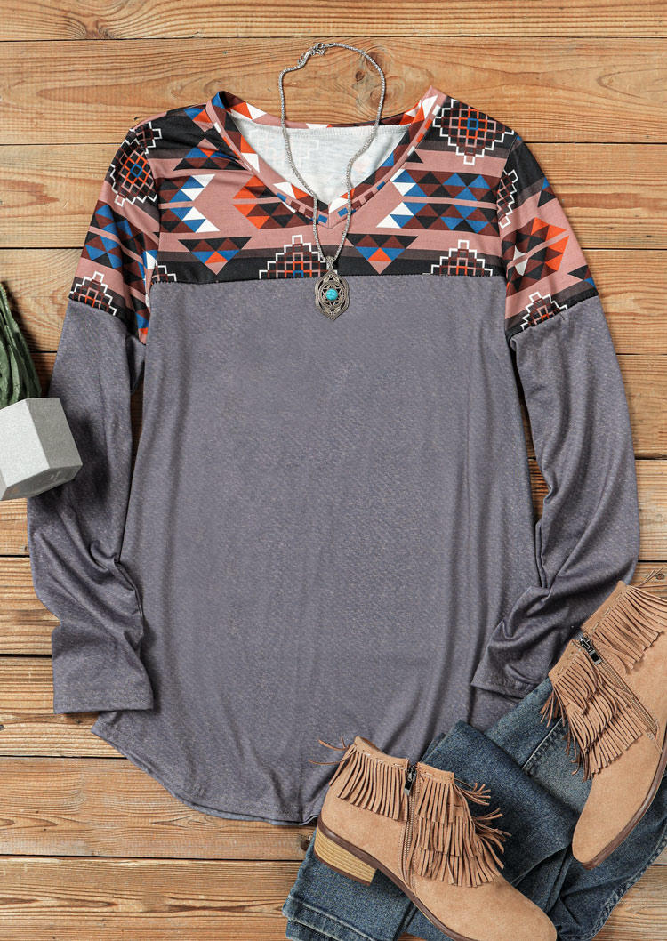 

Blouses Aztec Geometric Splicing Long Sleeve Blouse in Gray. Size
