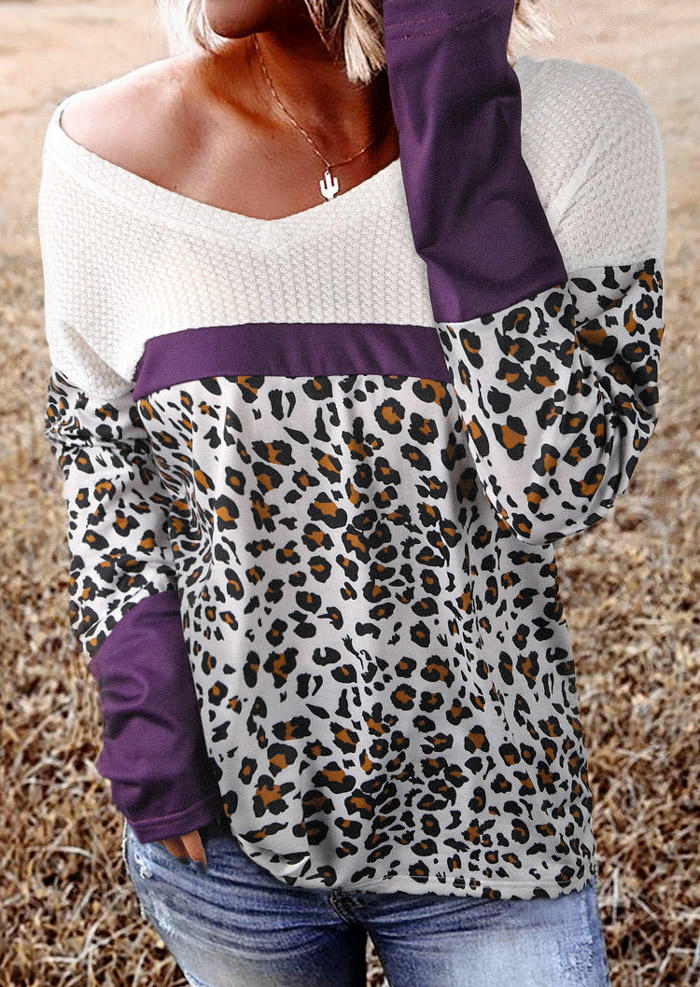Leopard Color Block Waffle Splicing V-Neck Blouse