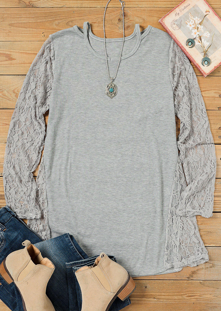 Blouses Lace Splicing Hollow Out O-Neck Blouse in Gray. Size: M