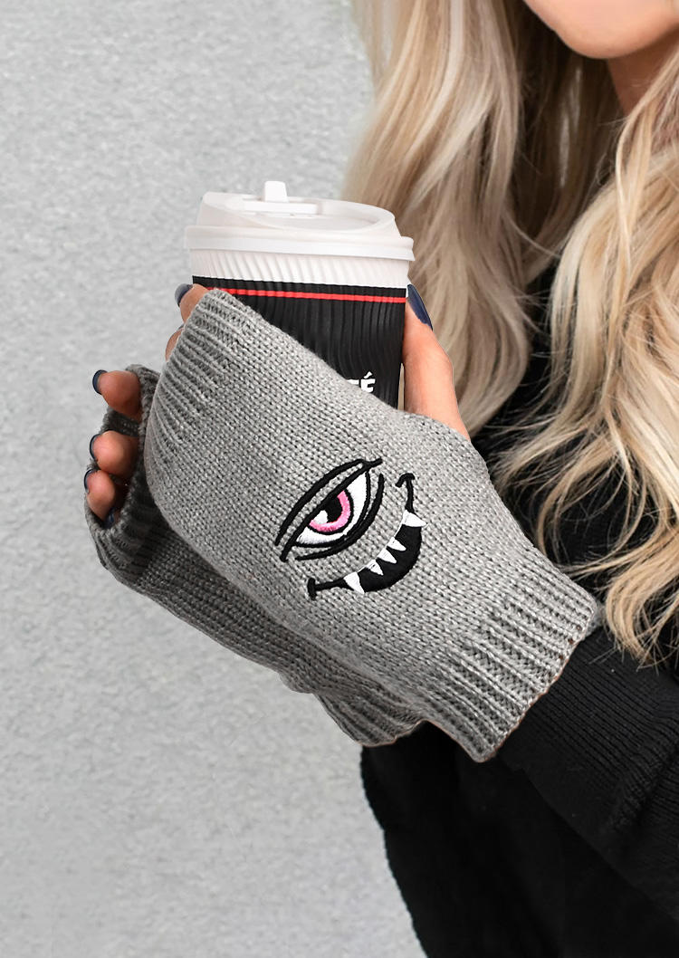 

Gloves Eye Demon Embroidered Knitted Warm Fingerless Gloves in Light Grey. Size