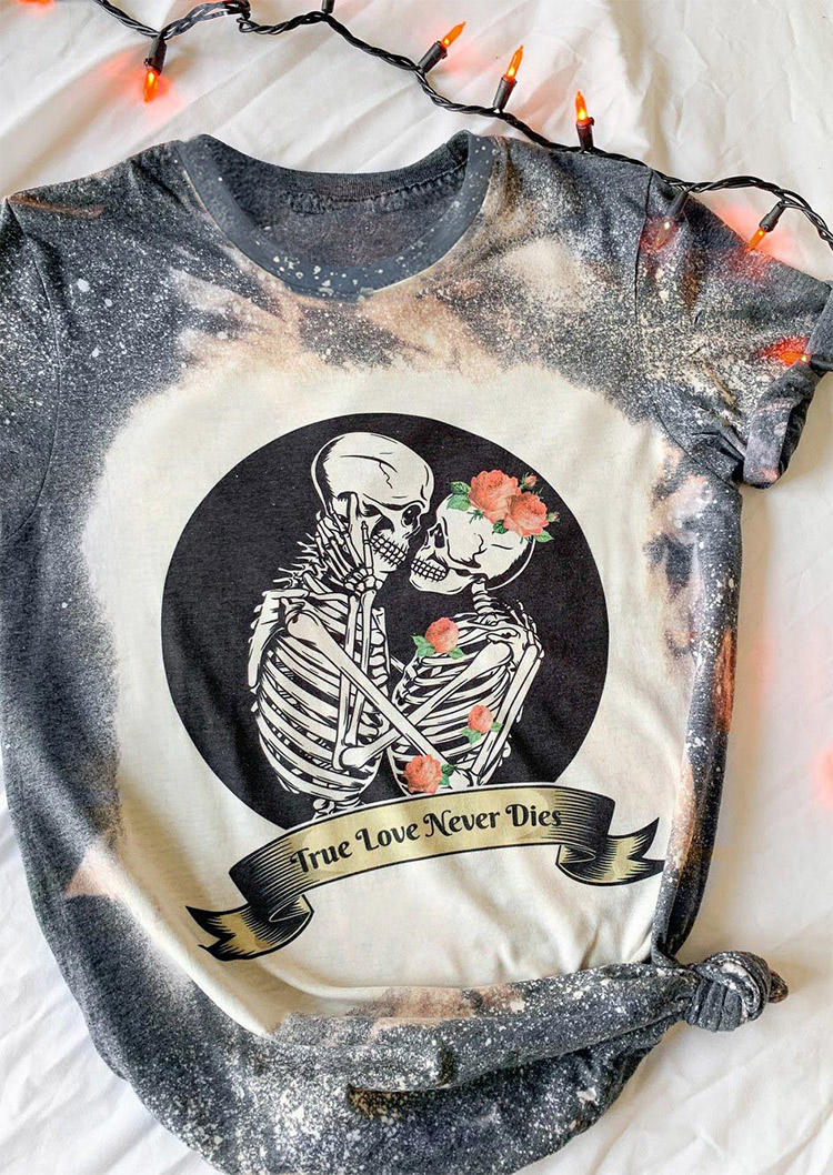 T-shirts Tees True Love Never Dies Skeleton Floral T-Shirt Tee in Gray. Size: S,M,L,XL
