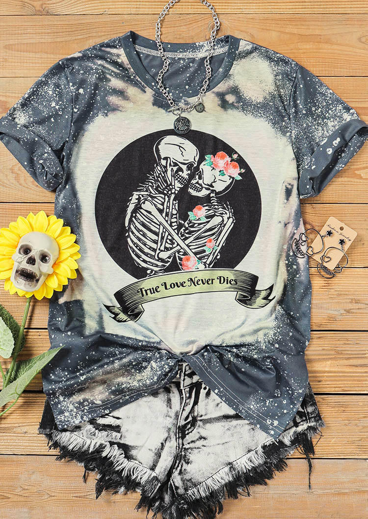 Halloween True Love Never Dies Skeleton Floral T-Shirt Tee - Gray