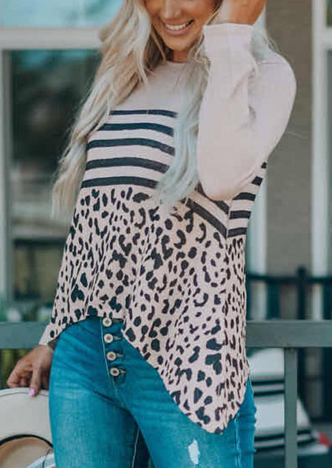

Blouses Striped Leopard O-Neck Asymmetric Blouse in Beige. Size