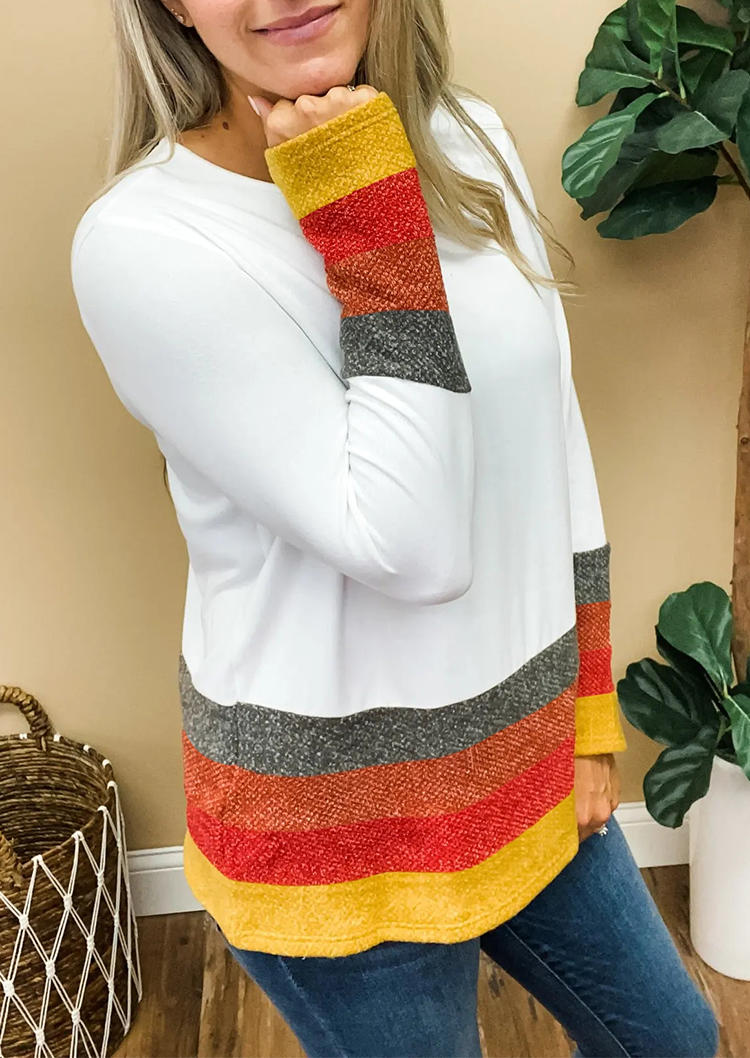 Striped Long Sleeve O-Neck Blouse - White