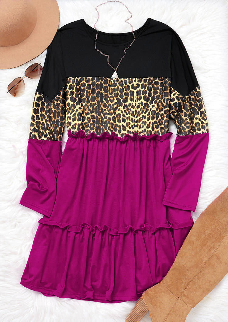 Ruffled Leopard Splicing Long Sleeve Mini Dress