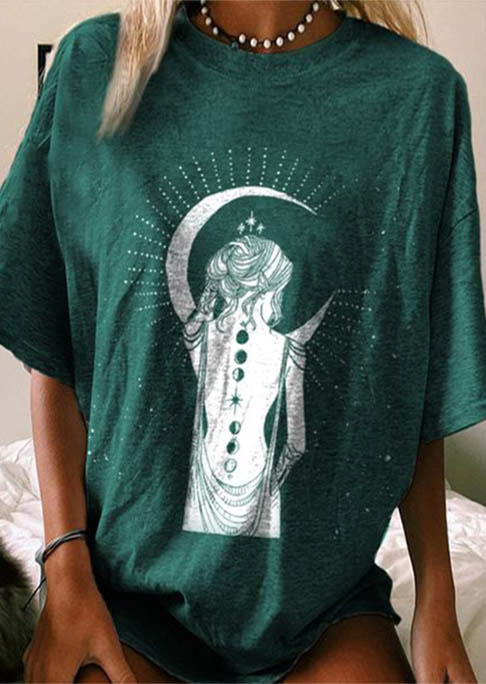 

T-shirts Tees Woman And Moon O-Neck T-Shirt Tee in Green. Size: ,M,L,XL